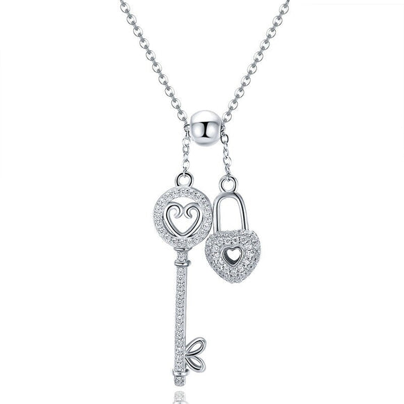 Silver Key of Heart Lock Chain Necklace