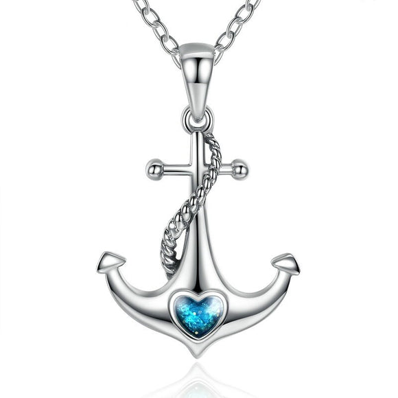 Silver Blue Heart Crystal Anchor Necklace