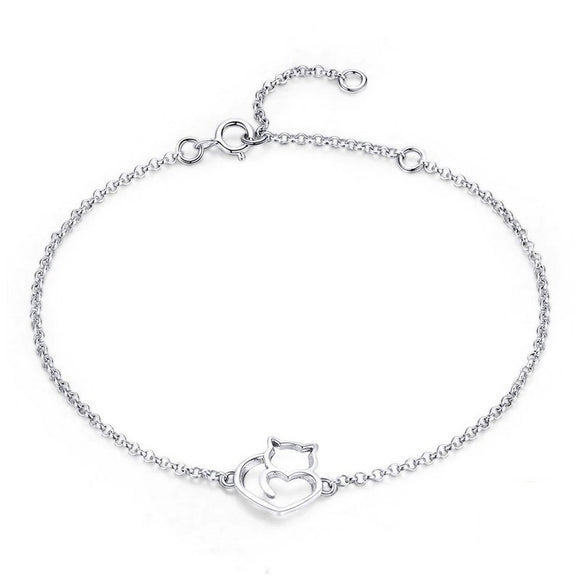 Silver Cat And Heart Link Chain Bracelet