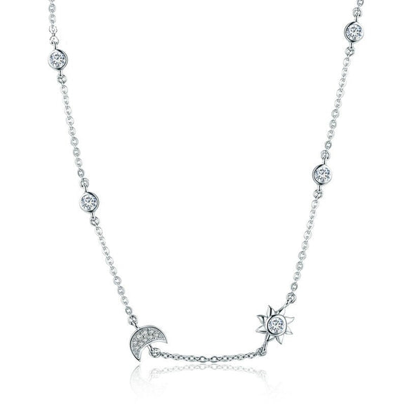Silver Sparkling Moon and Star Exquisite Necklace