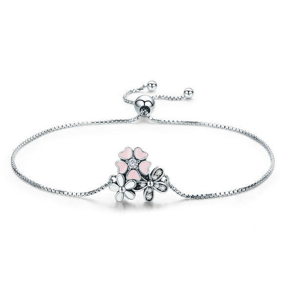 Silver Cherry Daisy Flower Chain Link Bracelet